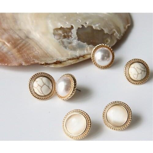 New Vintage Round Marble Opal Stone Big Stud Earrings Women Fashion Temperament Gold Ear Stud Circle Pearls Stone Jewelry