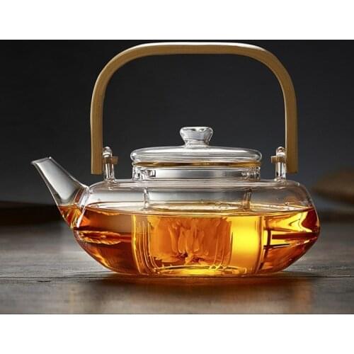 Glass Teapot Heat-Resistant Borosilicate Glass Teapot Boiling Teapot Thickened Bamboo Handle Teapot Household Tea Set WF
