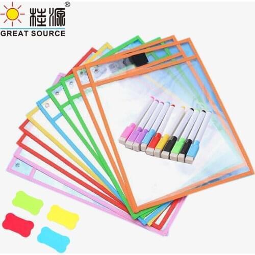Dry Erasabl Pockets Transparent Write PETReusable Wipe Drawing Bag Dry Brush Bag File Pocket Color Pens For Kids Dooble(20Sets)