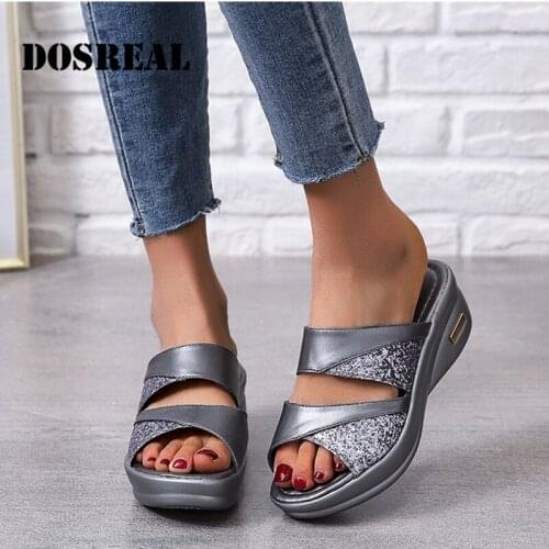 DOSREAL Summer Outdoor Womens Wedges Slippers Peep Toe shoes Breathable Soft Platform Leather Sandals Platform Shoes Large Size