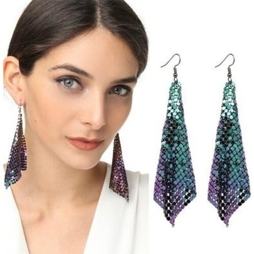 For Women Tassel Dangle Hook Long Earrings Statement Jewelry Exaggerated Metal Sequins Long Drop Earring