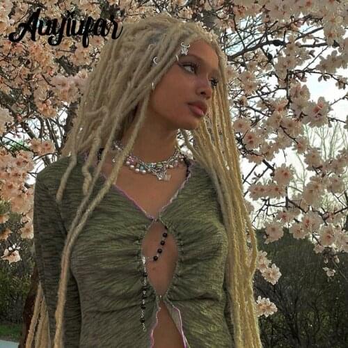 Auyiufar Fairy Grunge Ruched Ruffles Flare Sleeve Crop Tops Elfcore Vintage Green Button Print Asymmetric Top For Women Clothing