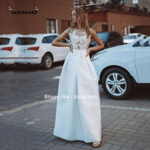 Bohemian Beach Wedding Dress 2021 Sexy Simple Satin Lace Bridal Gown Cap Sleeves Floor Length Vestido De Novia Mariage Sukienki