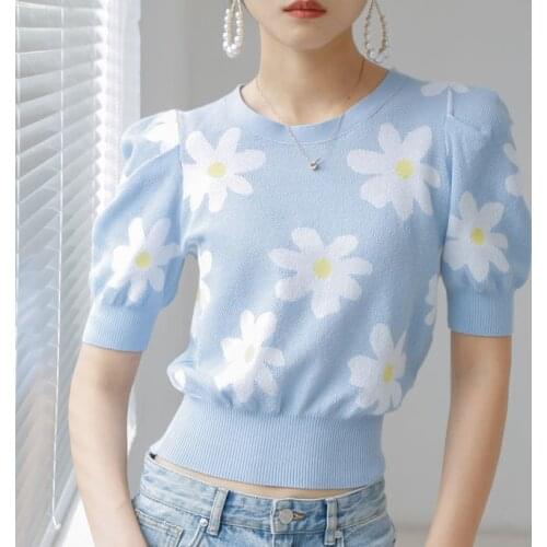 2021 summer dress new bubble sleeve daisy jacquific knitwear T-shirt top girl Cotton O-Neck Regular Print WOMEN