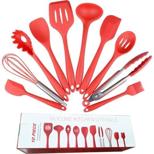 10pcs/set Silicone Heat Resistant Kitchen Cooking Utensils Non-Stick Baking Tool Tongs Ladle Gadget