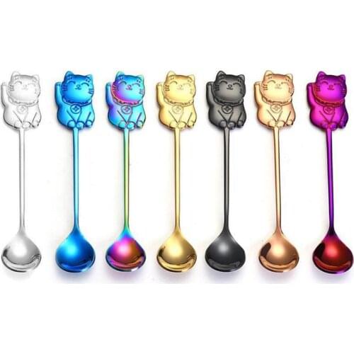 100pcs/lot Lucky Cat Coffee Stir Spoon Colorful Stainless steel Dessert Pudding Tea Scoop Kitchen Tableware Cup Decor SN3506