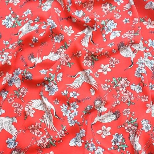 2018 high quality red crane printed chiffon fabric soft comfortable clothing tissue for women dress, diy material by meter