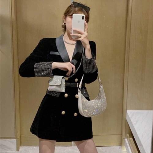 2021 Autumn Winter Female Casual Notched Collar Long Sleeve Patchwork Diamond Spliced Velour A-Line Blazer Dress With Belt