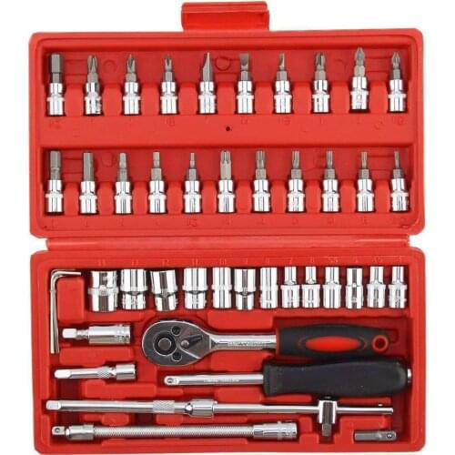 46Pcs Ratchet Wrench Socket Tools Set Metric 1/4'' Drive Screwdriver with Box Car Wrenchs Universal Ratchet Repair Tool