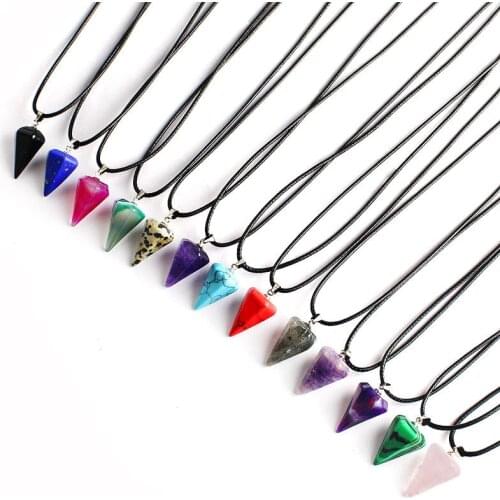 Personality Hexagonal Pyramid Pendant Necklace Natural Stone Pendant Crystal Gem Necklace Classic Rope Chain Jewelry Gift