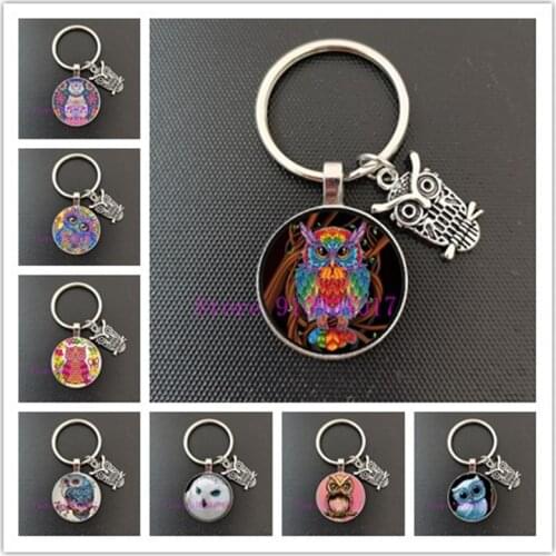 Hot Sale Cute Owl Pendant Keychain Big Eyes Cute Bird Vintage Picture Glass Convex Pendant Keychain
