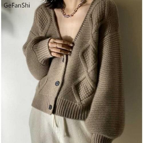 Lantern Sleeve Cardigan Knitted Sweater Women 2021 Autumn Winter Long Sleeve Solid Sweaters Coat & Jackets Women