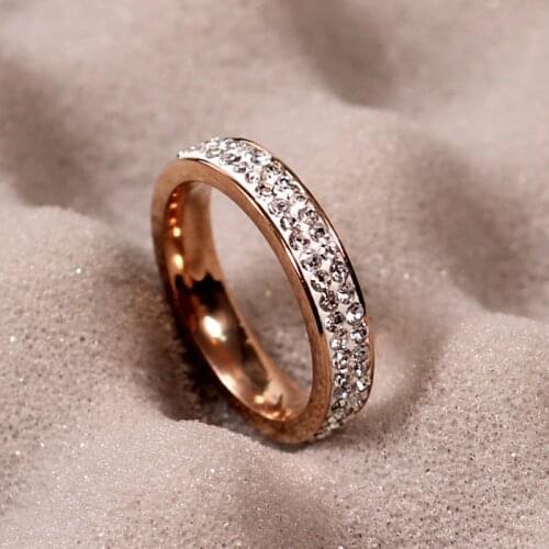Clay material Crystal Rose Gold Ring Double row stainless steel smooth couple promise marry Gifts brand design fashion ring