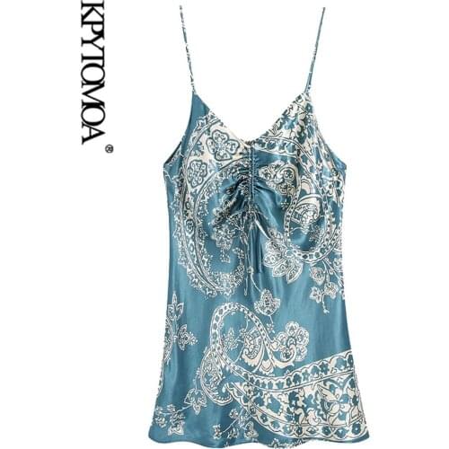 KPYTOMOA Women 2021 Chic Fashion Lace-up Detail Printed Mini Dress Vintage Backless Thin Straps Female Dresses Vestidos Mujer