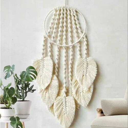 Beige Leaf Lace Wall Hanging Hand-Woven Bohemian Cotton RopeTapestry Home Decoration Bohemian Woven Tapestry Wall Art Boho Deco