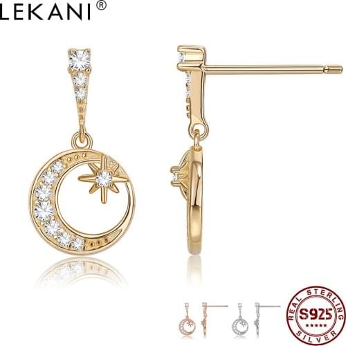 LEKANI 925 Sterling Silver Earrings For Women Moon and Anise stars Cubic Zirconia Romantic Drop Earrings Girl Gift Fine Jewelry