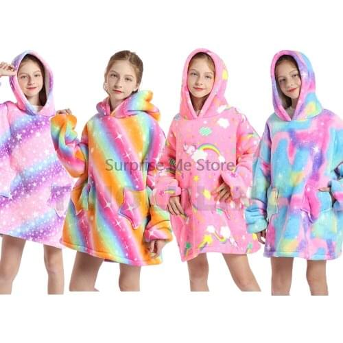 Fashion Rainbow Unicornio Hoodies Sofa Super Warm Blanket Bathrobes for Girls Boys Baby Hooded Night Gown Pajamas Robes for Kids