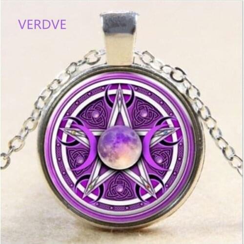 NEW1Pcs purple wicca triple moon Glass Cabochon Tibet pendant chain necklace