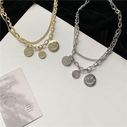 Punk Double Chains Hollow Round Metal Smile Face Pendent Necklace Halloween Grimace Necklace for Women Men Girls Neck Jewelry