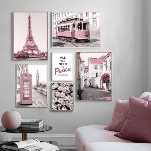Pink City Bus Flower Tower Wall Art Picture Nordic Peace Quote Print Poster Telephone Booth Modern Canvas Painting Home Decor