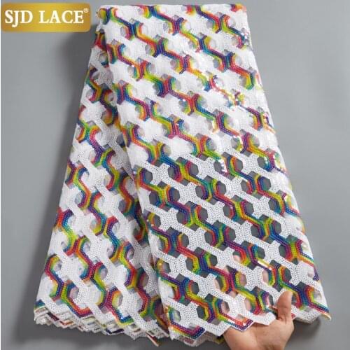 SJD LACE New 2021High Quality African Nigerian Tulle Lace Fabric With Sequins Embroidery Sew Dress 5Yards Organza MaterialsA2517