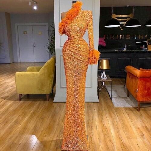 Sparkly Orange Prom Dresses Sexy Beading One Shoulder Sequined Mermaid Feather Evening Gowns Floor Length Formal Party Robes