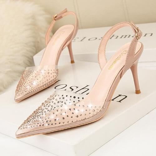 New Fashion Casual Pointed Toe High Heels Transparent Rhinestone Women Shoes Sandals