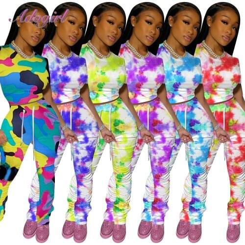 Women Camouflage Two Piece Sets Tie Dye Print Crop Tops Tee Stacked Leggings Pants Suit Set Outfit Streetwear Joggers Tracksuit