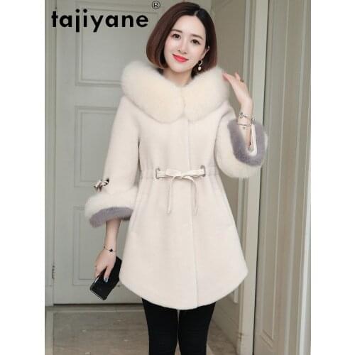 Coat Fur Real Women 100%wool Jackets Woman Natural Fox Fur Collar Hooded Jakcet Female Long Coats Sweet Casaco TN769