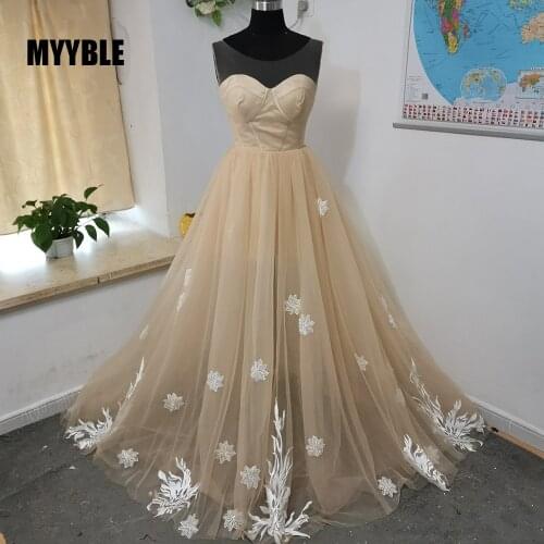 2021 MYYBLE Real Photo Fashion New Champagne Evening Dress Elegant Bride Long Scoop Lace Appliques Prom Dresses Formal Gowns