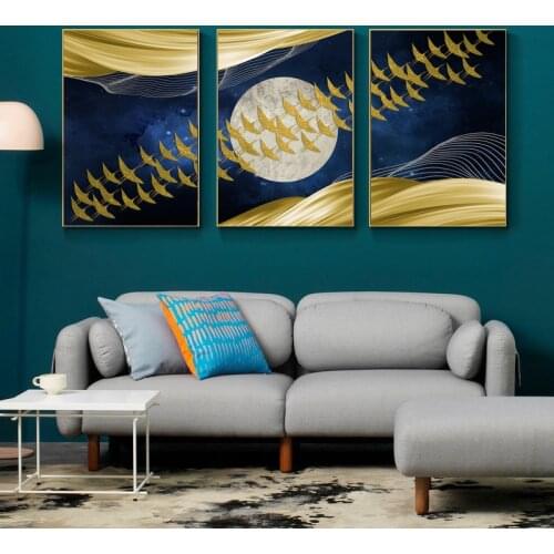 Abstract Moon Wall Art Canvas Painting Golden Mountain Birds Nordic Posters and Prints Wall Pictures for Living Room Home Decor