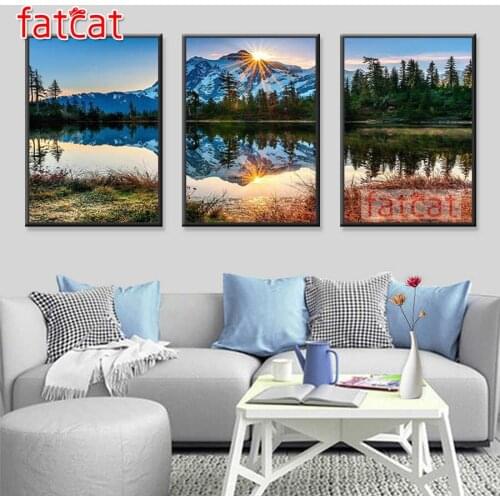 FATCAT Mountain Lake shadow diy 5d diamond painting full square round drill mosaic embroidery triptych kits Home decor AE2693