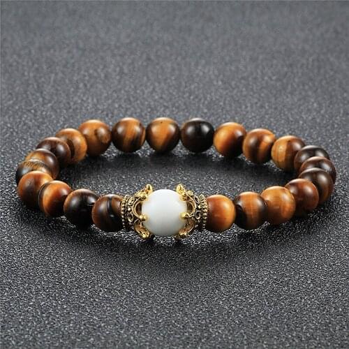 Charm Bracelet High Quality Natural 8mm Tiger Eye Lava Stone Beaded Antique Golden Crown for Men Yoga Bracelets Jewelry Pulseira
