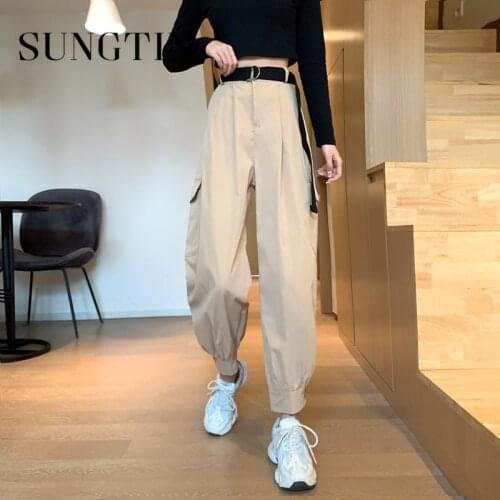 Sungtin Casual Khaki Belt High Waisted Cargo Pants Women Fashion Solid Loose Long Pants Korean Plus Size Trousers BF Streetwear