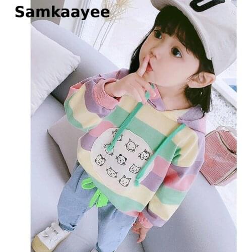2-11y Girls Hoodie Sweatshirt Spring Autumn Baby Children Hooded Clothes Kids Rainbow Striped Clothing Cartoon Sportswear Y19