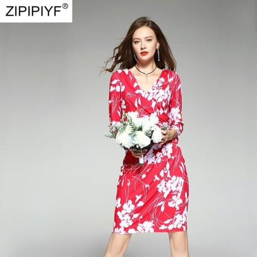 Elegant Women Spring Office Pencil Dress Female Elegant Printing Ruched Bandage Vestidos Retro Slim Party Robe Femme H6912