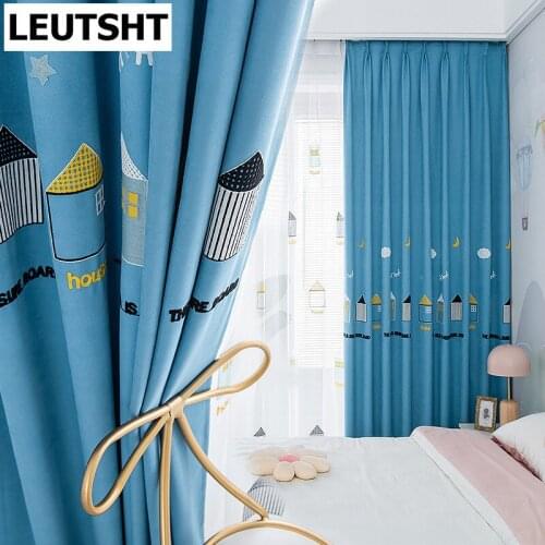 Blue Cartoon House Curtains for Kids Children Bedroom Kindergarten Living Room Chefney Embroidered White Sheer Curtain Drapes
