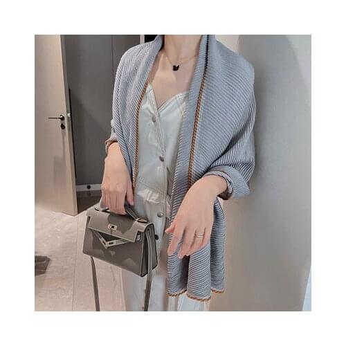 HOT SELLING Miyake fold fashion pure color Soft and comfortable shawl scarf dual purpose Beading Soft silk scarf shawl IN STOCK