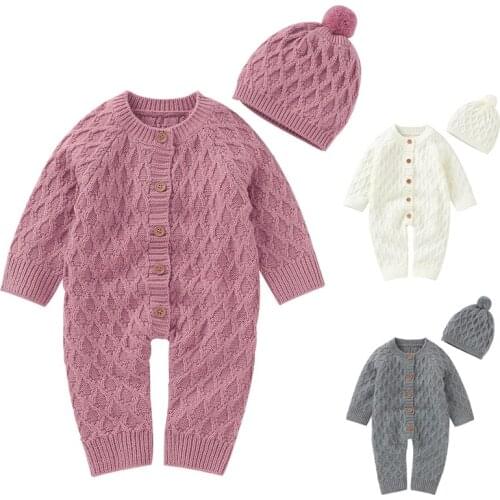 Korean Style Winter Newborn Baby Boys Girls Solid Color Long Sleeve Knitting Jumpsuit+Hat Toddler Baby Girl Boys Knitting Romper