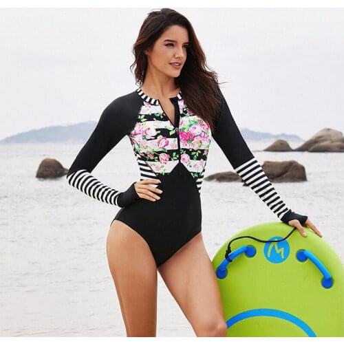 2021 New Surfing One-Piece Swimsuit Womens European and American Long Sleeve Snorkeling Suit Printed Triangle Swimming Suit