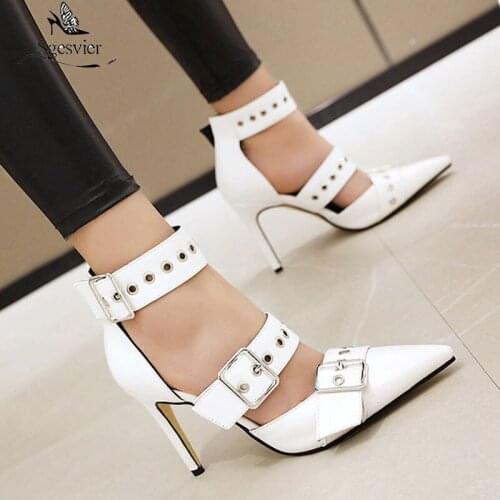 Sgesvier High Heels Women Pumps Buckle Thin High Heel Ankle Strap Shoes Fashion Pointed Toe Shoes Female Spring Plus Size 33-48