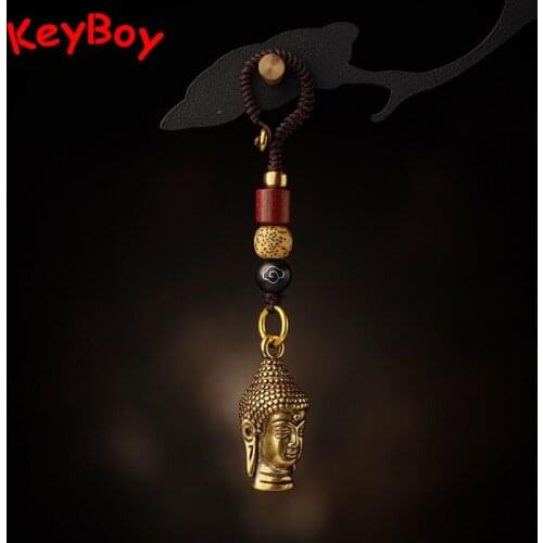 Vintage Brass Tathagata Buddha Head Figurines Pendants for Keychains Religion Faith Amulet Lucky Car Key Chains Lanyard Hangings