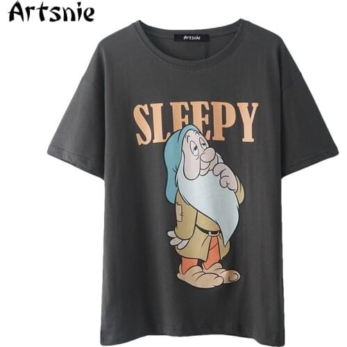 Artsnie cartoon print t shirt women summer o neck short sleeve dark gray tops femme streetwear casual oversized t-shirt mujer
