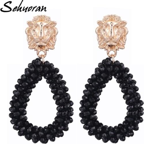 Sehuoran Drop Earrings For Woman Zinc Alloy Lion Heads Crystal Beads Handmade Pendients Oorbellen Fashion Jewelry Wholesale Gift