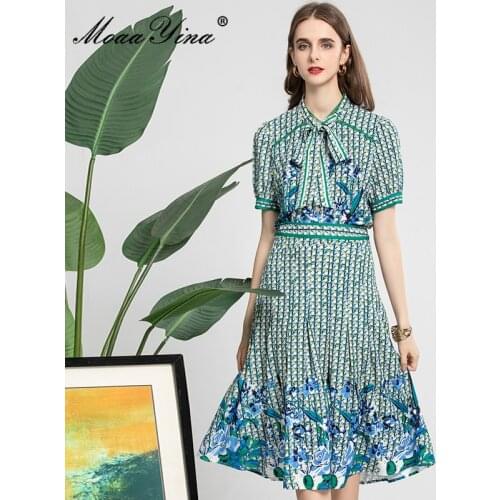 MoaaYina Fashion Runway Summer Print A-Line Skirt Set Womens Bow Tie Short sleeve Shirts and Floral Short Skirts 2 Pieces Suit