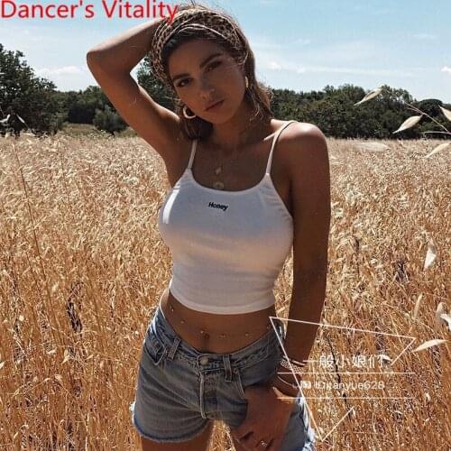 2018 New Girls Clothes Sexy Slim Fit White Vest Bare Midriff Top Casual Bottoming Vest Pole Jazz Dance Letter Clothes Outfits