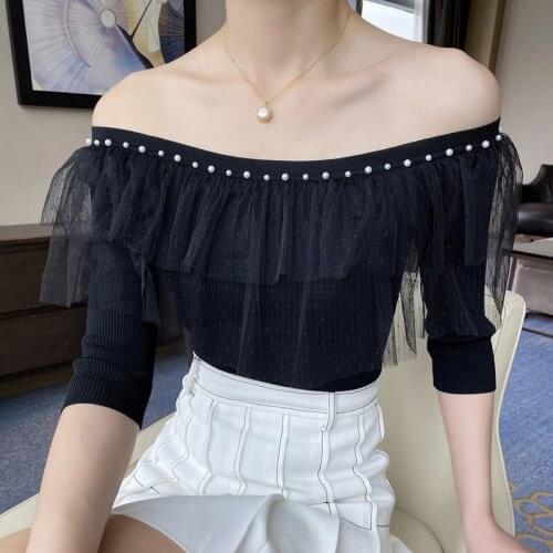 2020 summer women designer sexy slash neck off the shoulder club knitted sweaters pearls ruffles mesh patchwork top JC455