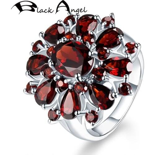 BLACK ANGEL 925 Sterling Silver Fashion Shiny Bling Garnet Ruby Flower Shaped Adjustable Ring For Women Jewelry Christmas Gift