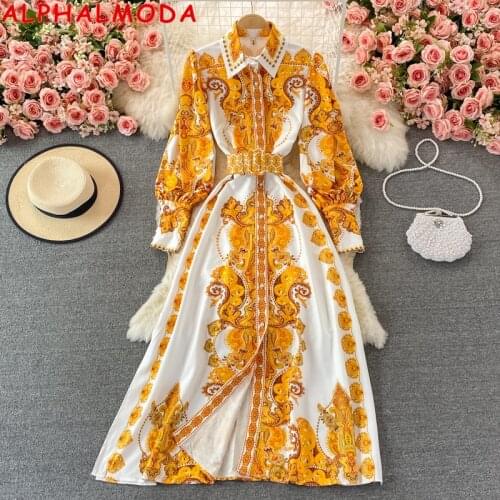 ALPHALMODA Court Style High-end Retro Printed Dress 2021 Autumn New Celebrity Turn-down Collar Single Breasted Maxi Print Dress