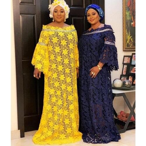 African Dresses For Women Muslim Fashion Abaya Long Dress High Quality Long Sleeve Fashion African Lace Dress Lady And Headtie